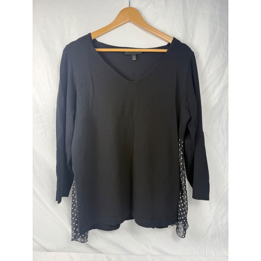 Lane Bryant Size 14/16 Black V-Neck Sweater‎ Top Polka Dot Chiffon Side Panels